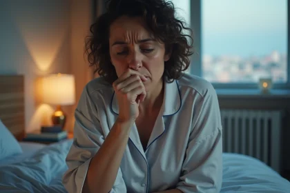 Femme en pyjama se tenant la bouche dans une chambre moderne