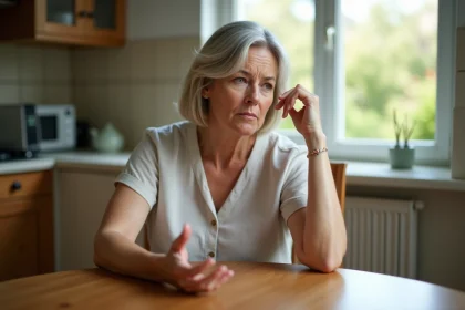 Femme assise à la cuisine avec expression pensive