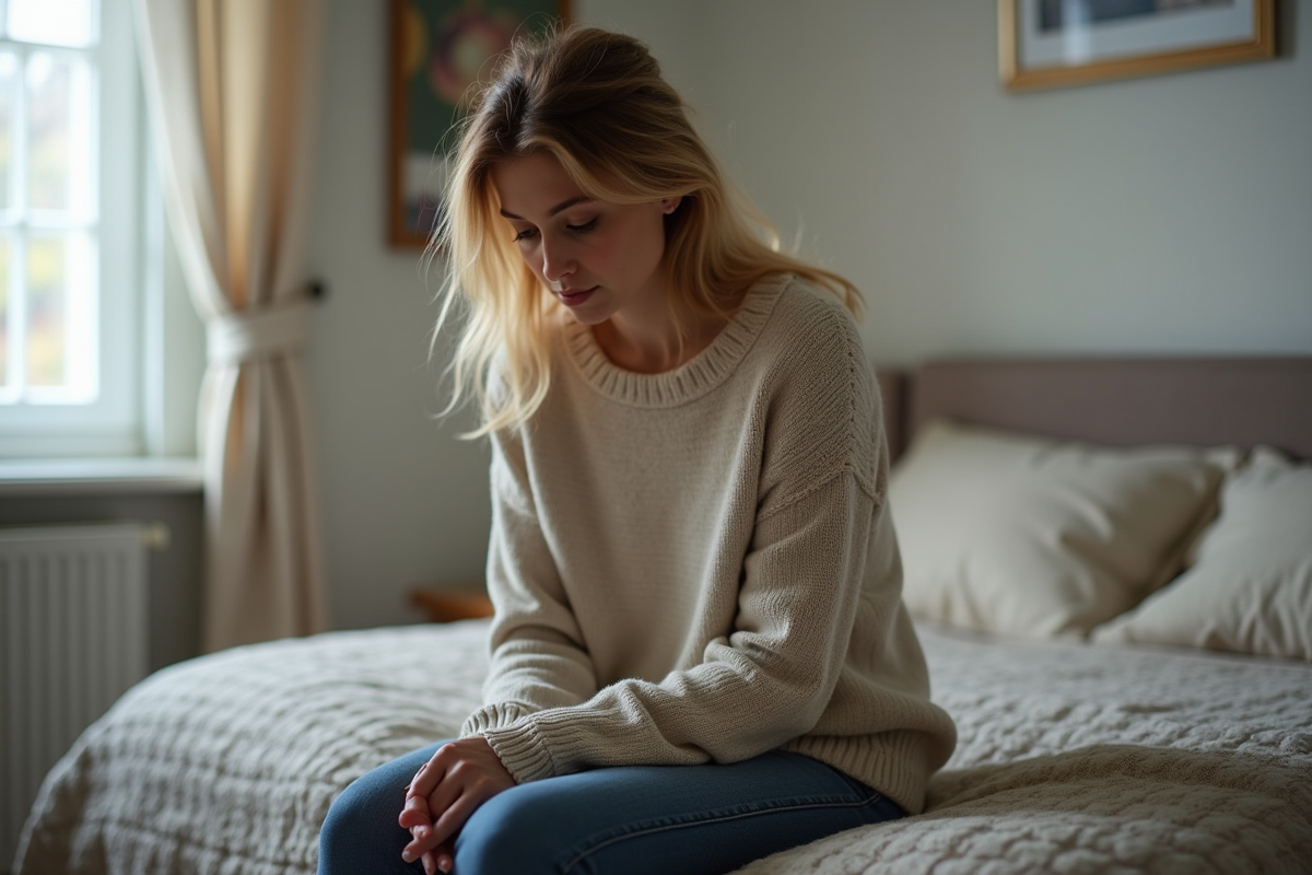 Femme pensive assise sur le lit dans une chambre douce