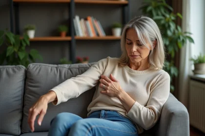 Femme assise sur un canap&eacute; en train de se masser le bras