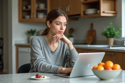 Femme réfléchissant à sa salade dans une cuisine moderne
