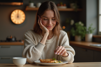 Femme en maison confortable regardant sa montre dans la cuisine