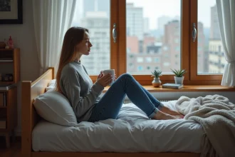 Jeune femme contemplant la vue depuis sa chambre cosy