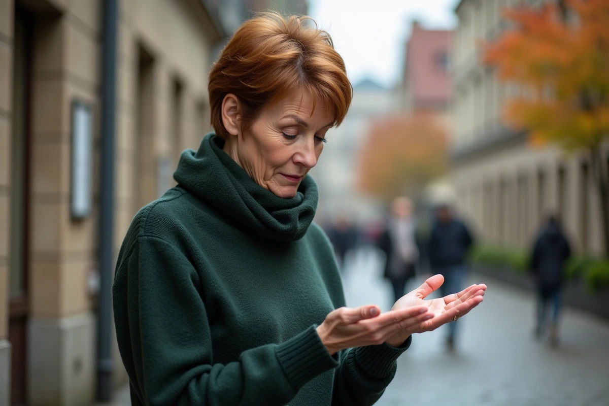 Femme dans la rue regardant sa main gauche qui démange, atmosphère urbaine automnale