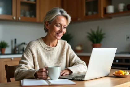 Femme d'&acirc;ge moyen lisant un blog bienetre &agrave; la maison