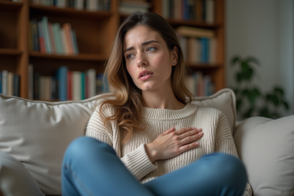 Femme en sofa avec expression de souci dans un salon chaleureux