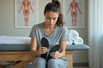 Femme examinant des semelles Akusoli dans un cabinet de kinésithérapie, questionnant leur sécurité et efficacité