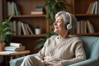 Femme senior détendue écoute de la musique avec des écouteurs