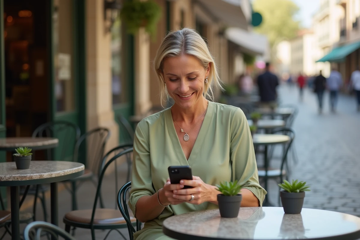 Femme consultant un site bien-être sur smartphone en terrasse de café urbain