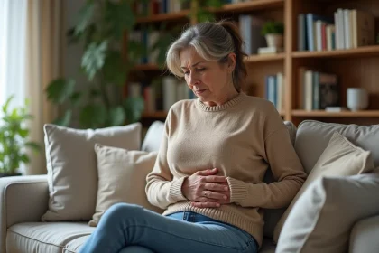 Femme d'&acirc;ge moyen en d&eacute;tente avec douleur abdominale