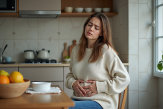 Jeune femme souffrant au ventre dans une cuisine moderne