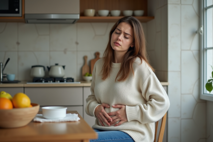 Jeune femme souffrant au ventre dans une cuisine moderne