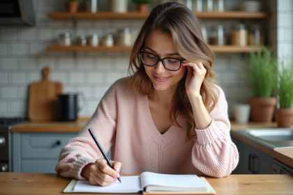 Femme souriante écrivant dans un journal alimentaire dans la cuisine