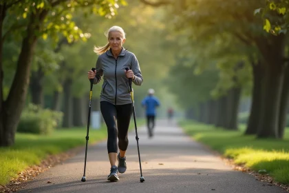 Femme en tenue technique marchant avec b&acirc;tons nordiques dans un parc