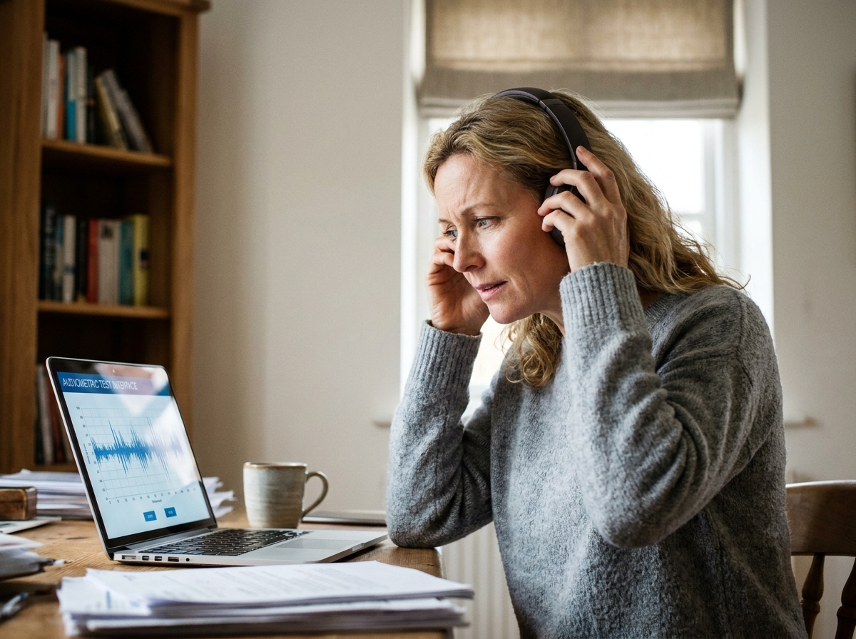 Femme d'une cinquantaine d'années effectuant un test auditif en ligne sur ordinateur portable avec un casque audio dans un bureau à domicile