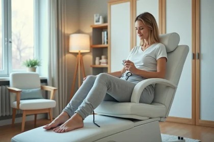Femme en s&eacute;ance de pressotherapie dans une clinique moderne