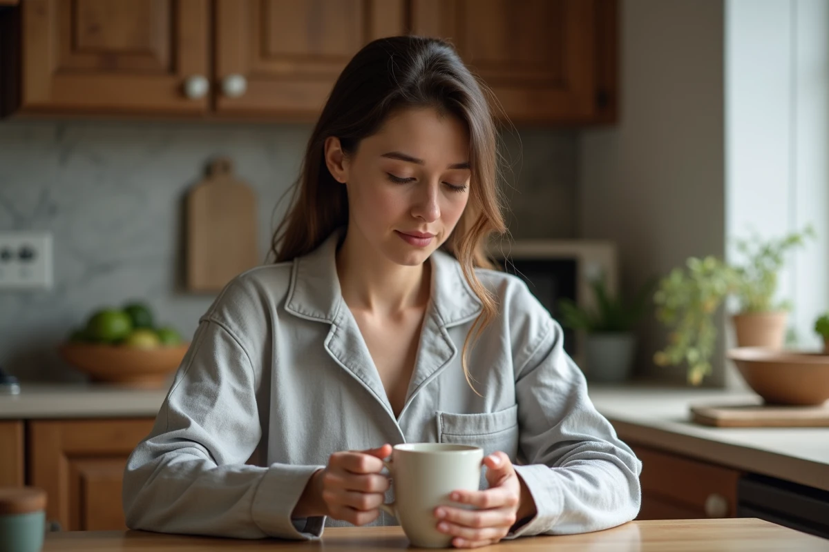 Femme en pyjama buvant une tisane le matin à la cuisine, illustrant la réflexion sur la santé digestive et les symptômes nocturnes