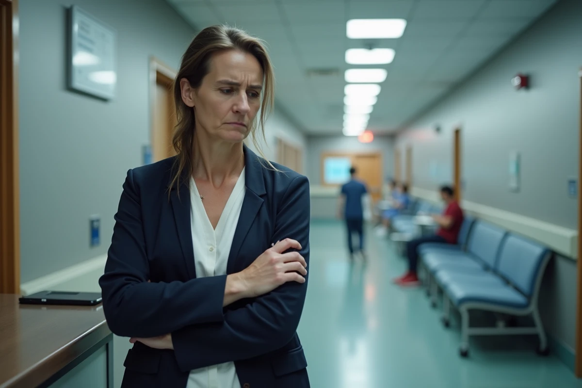 Femme aux urgences tenant son bras avec une expression inquiète, illustrant l'importance de consulter en urgence pour des fourmis persistantes dans les membres