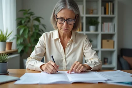 Femme consultant des documents administratifs à son bureau pour préparer un envoi Camueg sans erreur