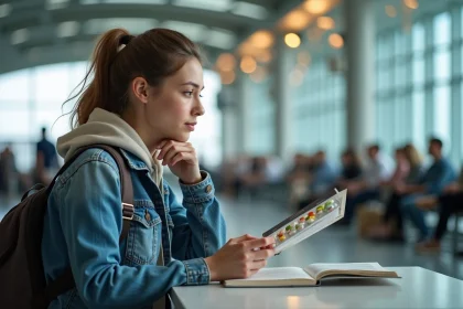 Jeune femme en voyage dans un salon d'a&eacute;roport