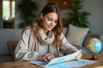 Jeune femme pr&eacute;parant son voyage en Tanzanie avec guide et certificat