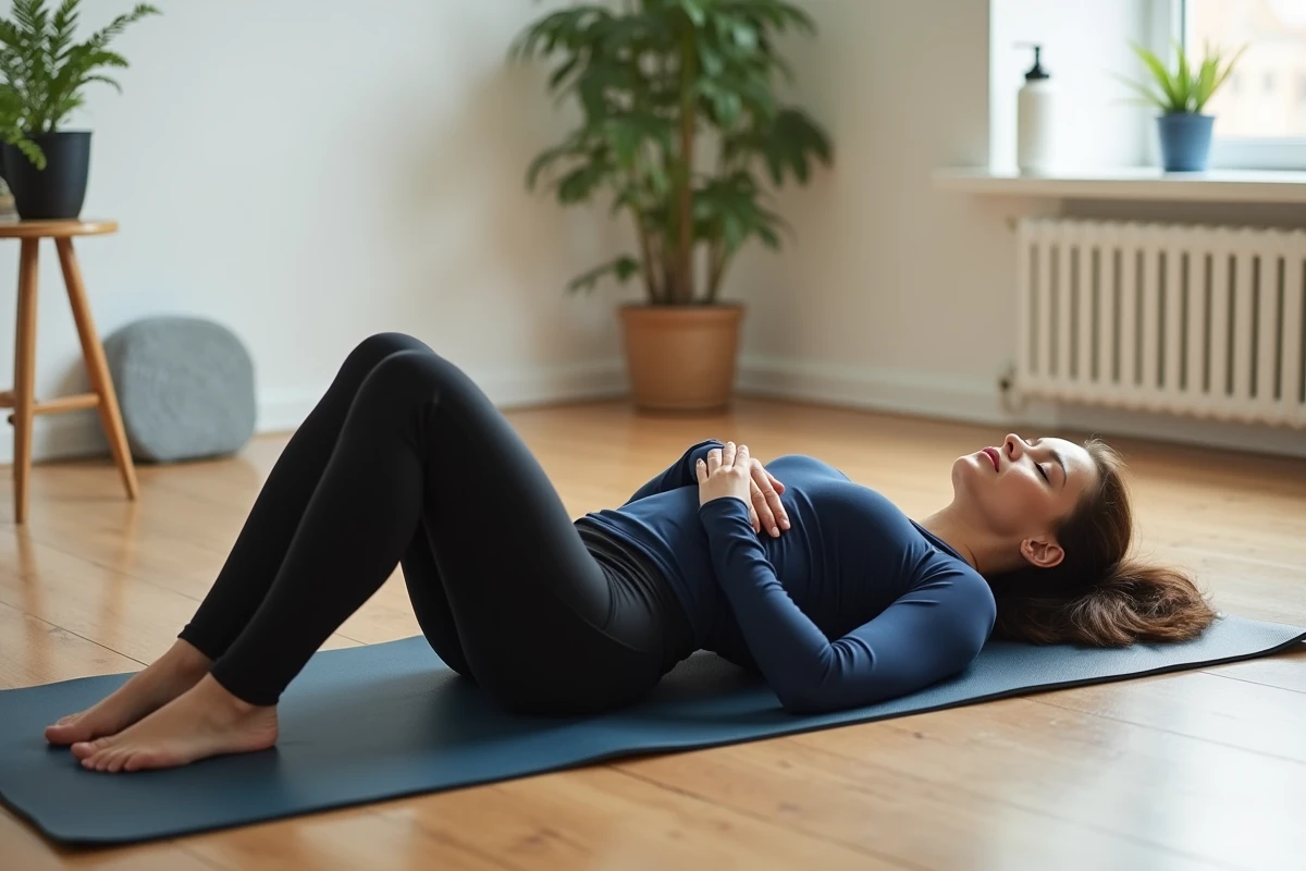 Femme allongée sur un tapis de yoga en position de récupération digestive après l'entraînement à domicile