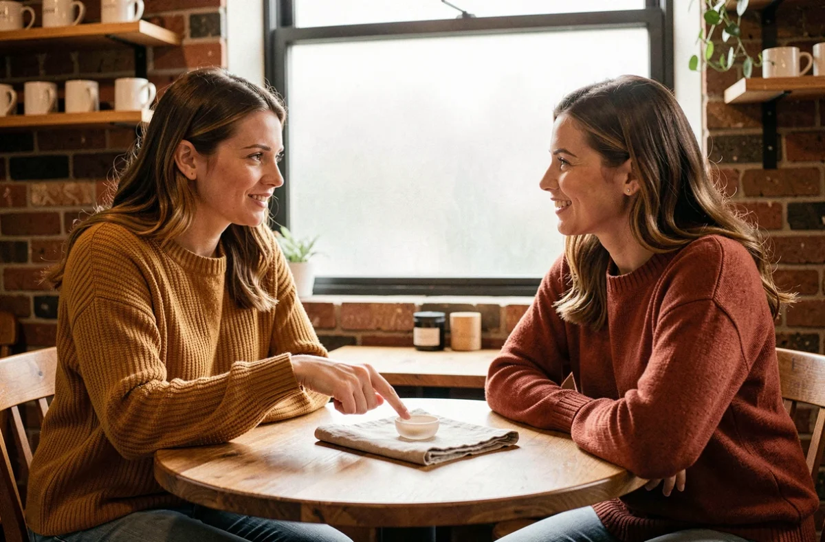 Deux femmes discutant d'une protection menstruelle réutilisable dans un café chaleureux