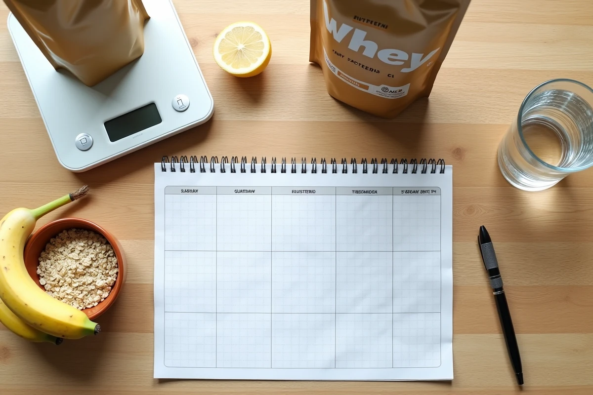 Flat lay de planification nutritionnelle avec whey protéine, balance alimentaire et plan de repas pour une sèche réussie en 2026