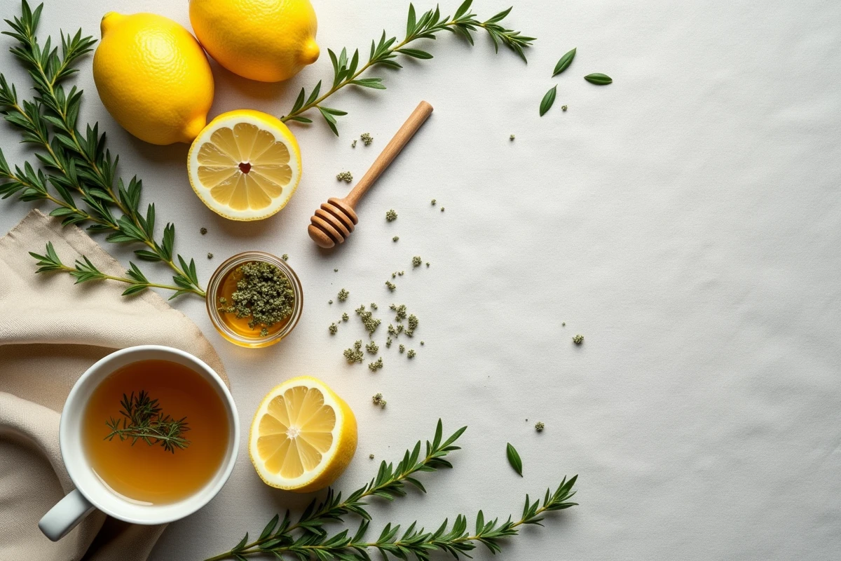 Vue de dessus d'un arrangement plat avec du thym frais, des citrons, du miel et une tasse de tisane sur fond de lin naturel