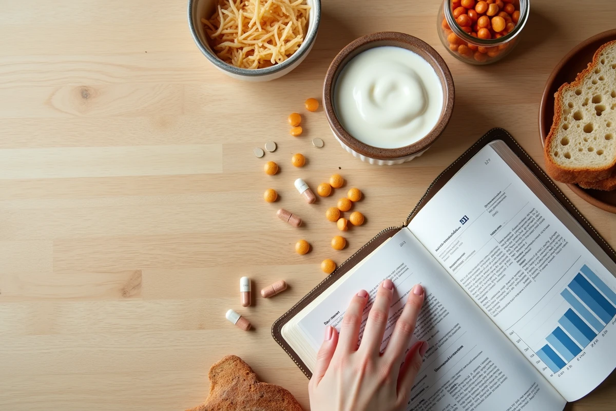 Flat-lay d'aliments fermentés probiotiques et de suppléments avec une étude scientifique ouverte, illustration des recherches sur le syndrome de l'intestin irritable