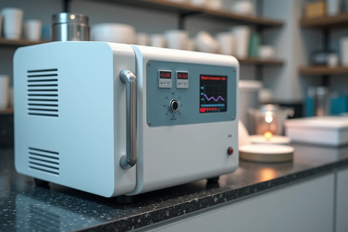 Four de cuisson dentaire professionnel avec panneau de contrôle numérique affichant des courbes de température sur un plan de travail de laboratoire