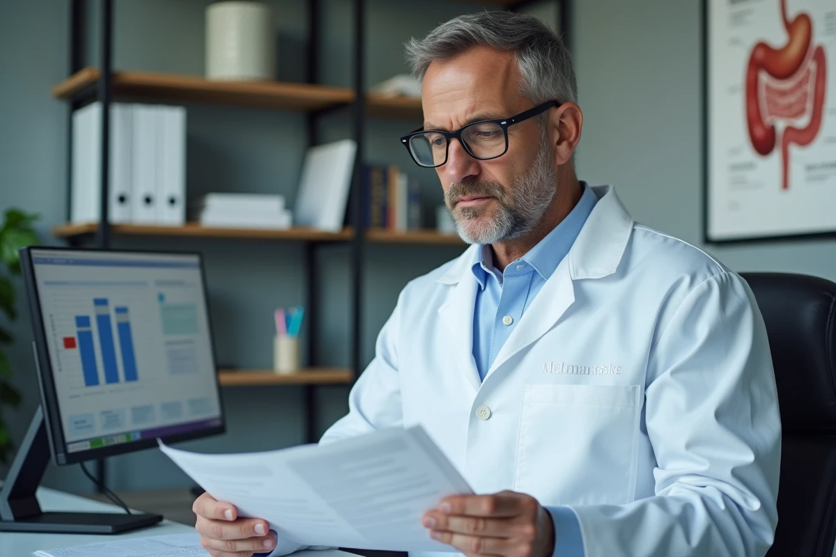 Gastroentérologue consultant une étude scientifique sur les probiotiques dans un cabinet médical moderne