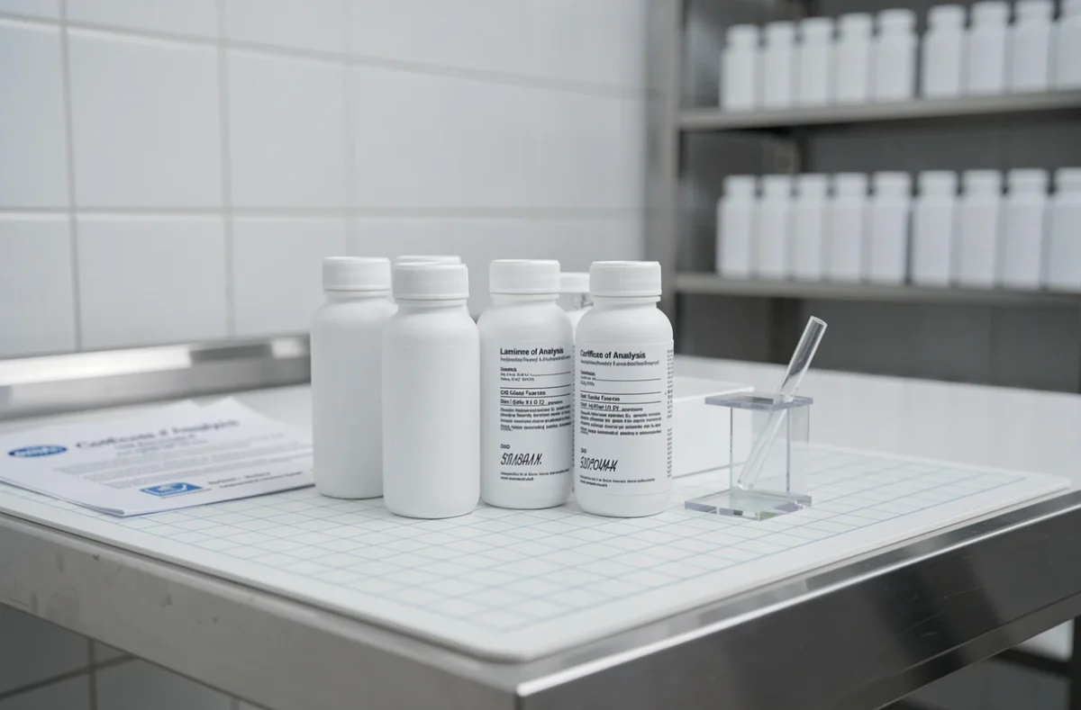 Présentation épurée de flacons de compléments alimentaires bio GPH Diffusion sur un plan de travail de laboratoire avec documents de contrôle qualité, illustrant un laboratoire bio rigoureux et discret.