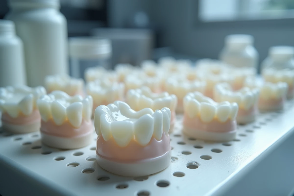 Gros plan de facettes et couronnes en céramique dentaire disposées sur un plateau de cuisson avec différentes teintes de porcelaine