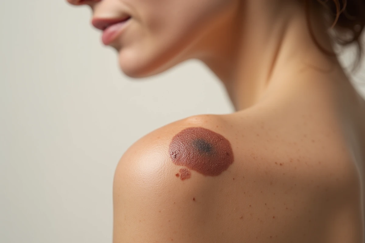 Gros plan clinique d'un mélanome suspect sur l'épaule d'une femme montrant des bords irréguliers et une pigmentation variée pour documentation médicale