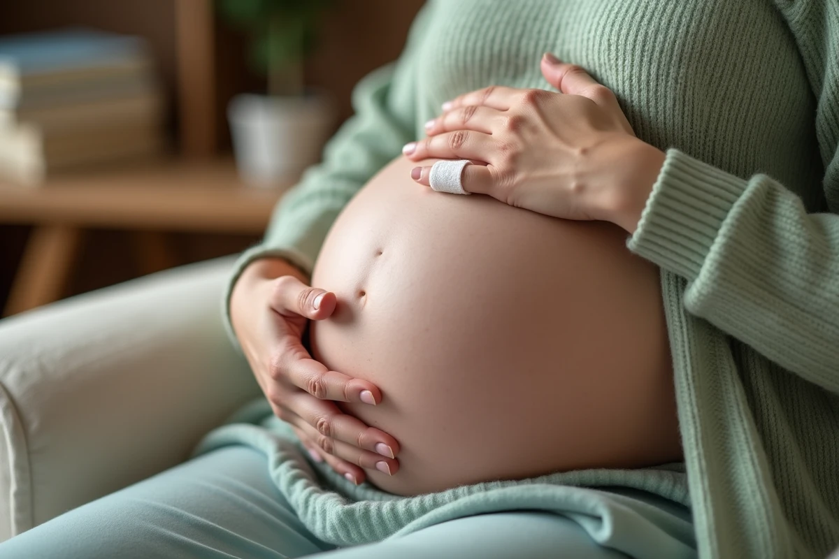 Gros plan sur les mains d'une femme enceinte avec un doigt bandagé posé sur son ventre arrondi