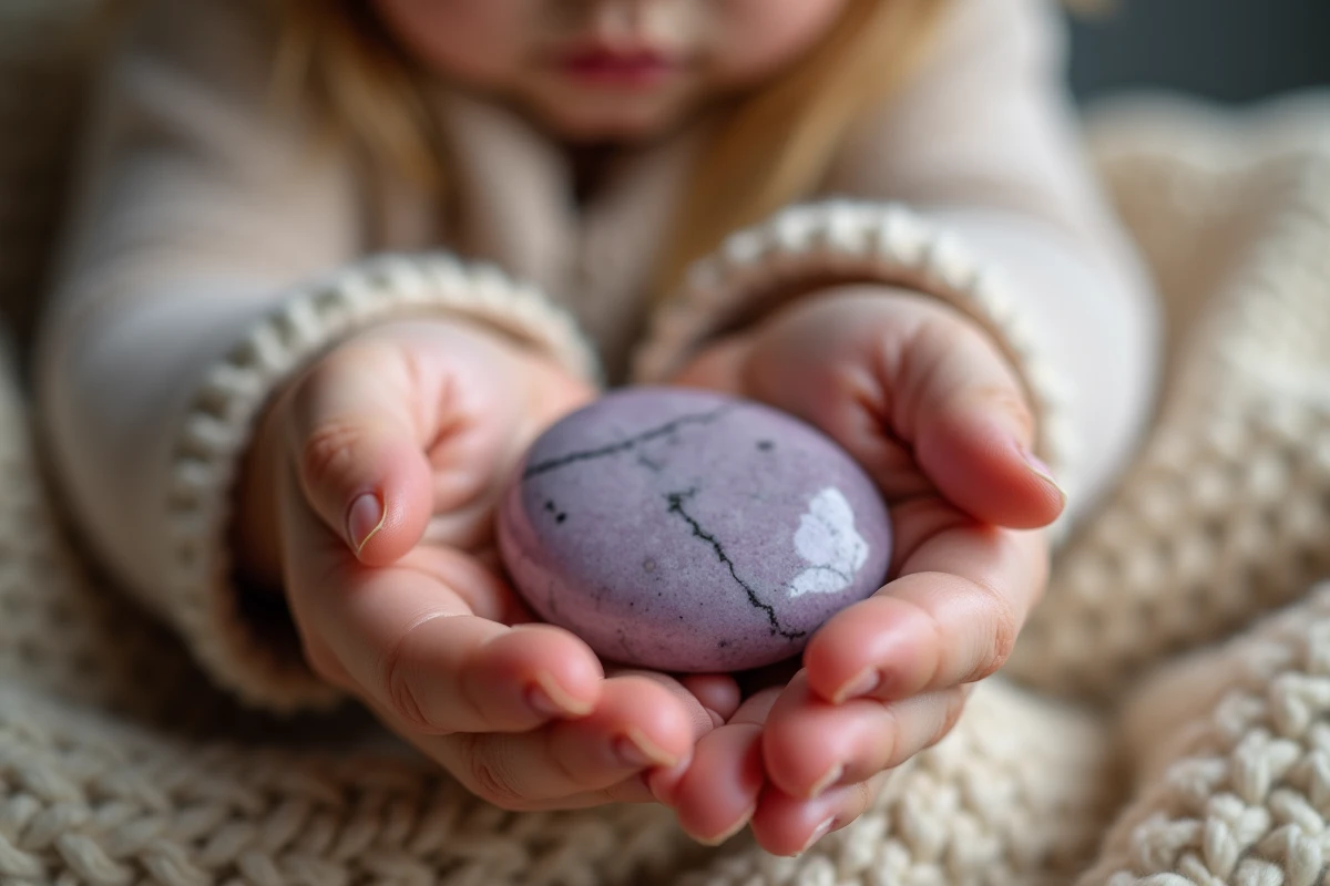 Gros plan sur les mains d'un enfant tenant une worrying stone polie en pierre naturelle lavande