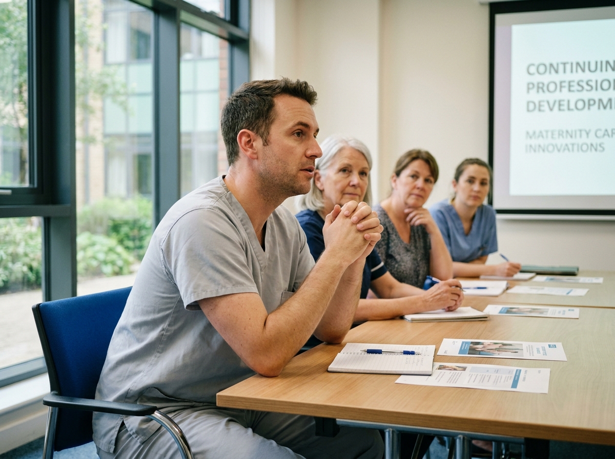 Groupe de sages-femmes en séminaire de développement professionnel continu dans une salle de conférence hospitalière