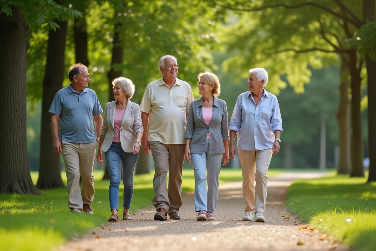 Groupe de seniors marchant dans un parc ensoleille
