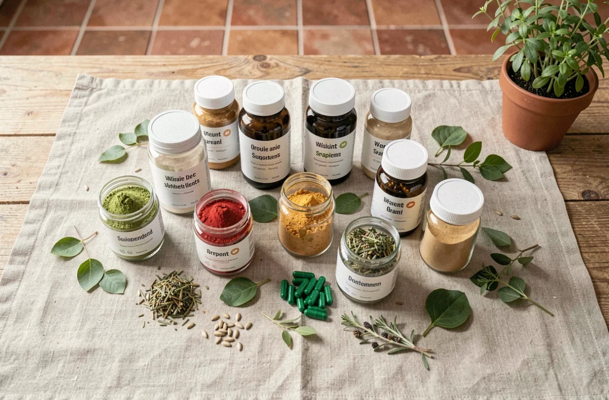 Vue en plat posé de compléments alimentaires bio variés – poudres, gélules et herbes séchées – sur une surface en lin brut avec plantes vertes en arrière-plan, illustrant une consommation responsable et naturelle.
