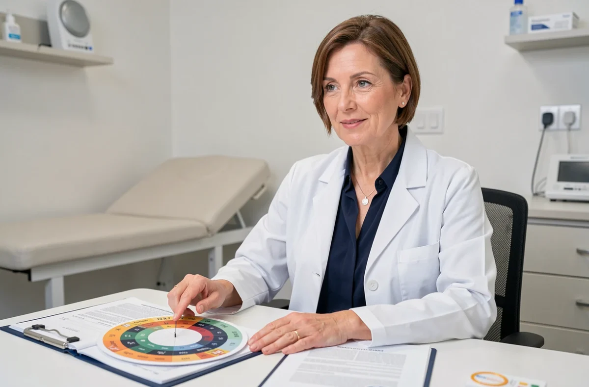 Gynécologue utilisant une roue obstétricale pour calculer la date du terme d'une grossesse en consultation médicale