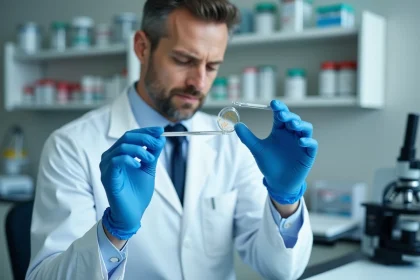 H&eacute;matologue examinant une lame de sang au microscope dans un laboratoire m&eacute;dical moderne, illustrant le diagnostic d'une TCMH basse li&eacute;e aux traitements anticanc&eacute;reux
