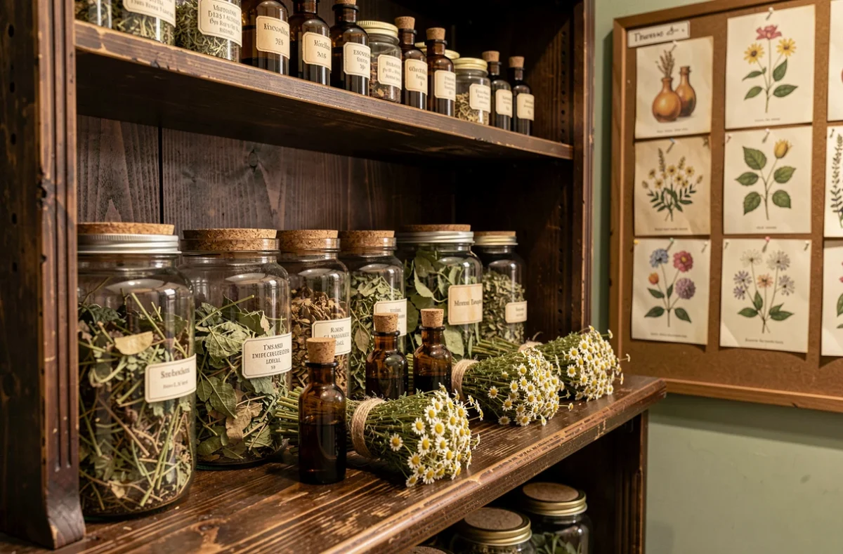 Étagère d'herboristerie traditionnelle avec bocaux de plantes séchées, flacons de teintures et bouquets de camomille illustrant les compléments alimentaires bio Herbes et Plantes en herboristerie.