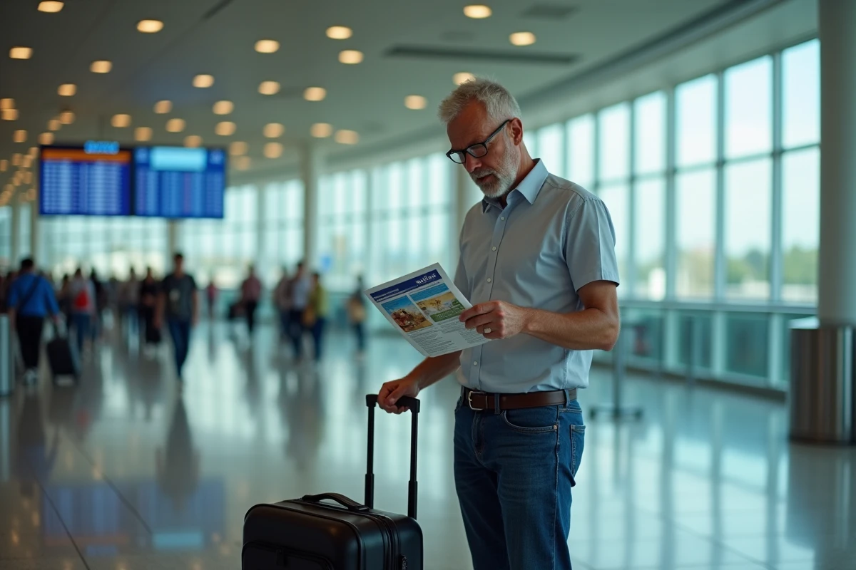 Homme regardant un dépliant de santé voyageant à l