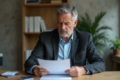 Homme d'affaires concentr&eacute; sur ses documents dans un bureau &agrave; domicile