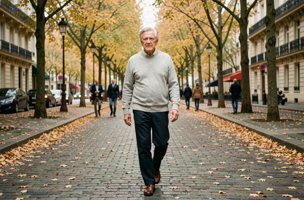 Homme âgé marchant sur un boulevard parisien en automne, image symbolisant la réflexion sur la santé et la maladie pour illustrer un article sur Roland Cayrol