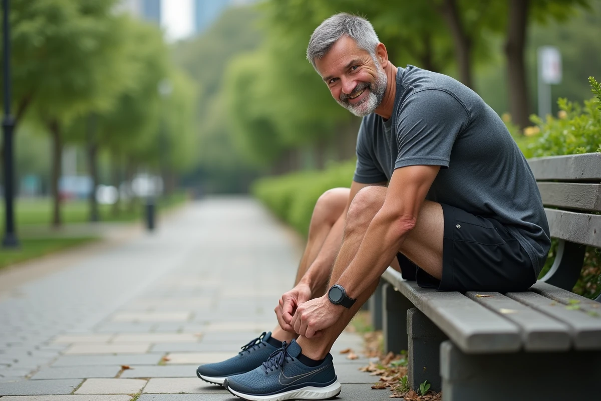 Homme de quarantaine nouant ses chaussures de course dans un parc