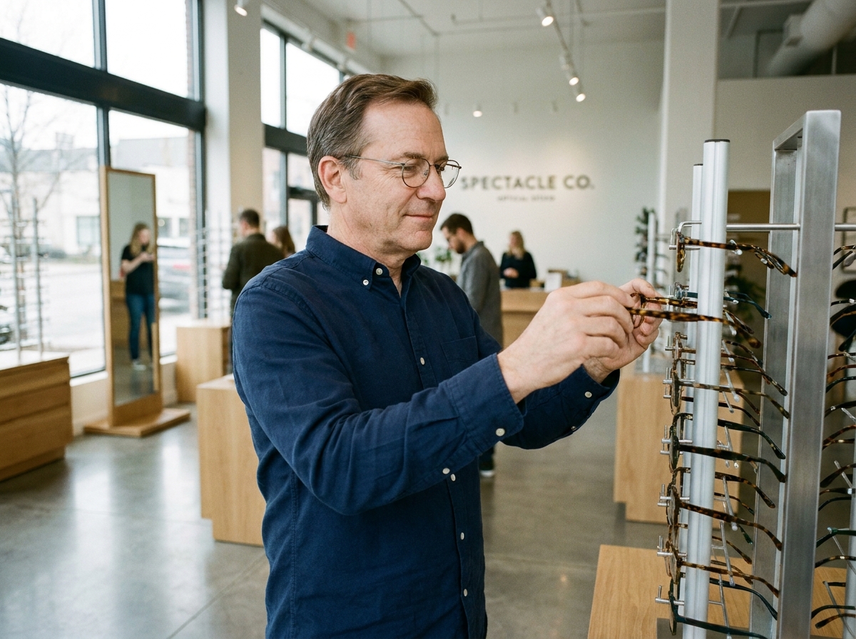Homme d'âge mûr parcourant un présentoir de montures de lunettes dans une boutique d'optique