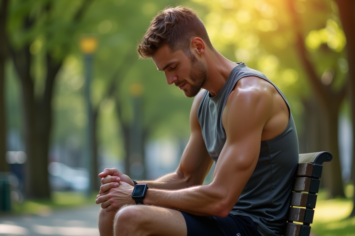homme courant vérifiant sa montre après entraînement dans un parc