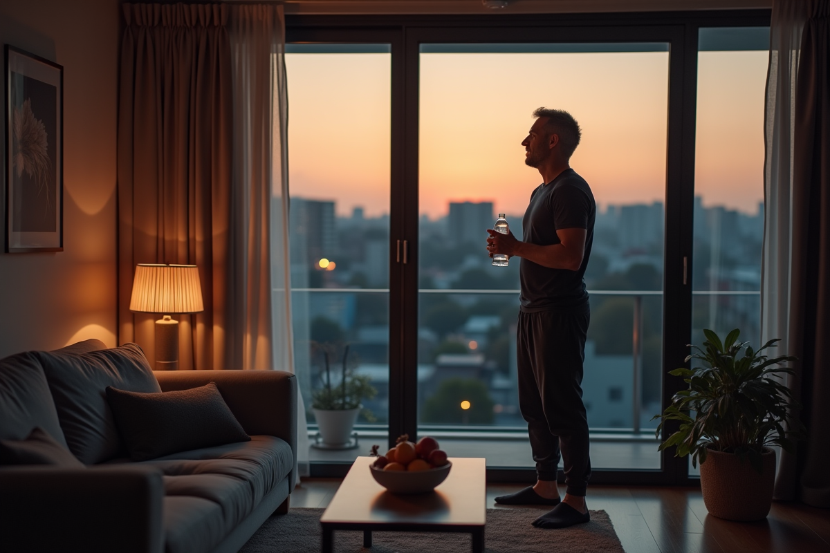 Homme en vêtements de sport regardant par la fenêtre au coucher du soleil